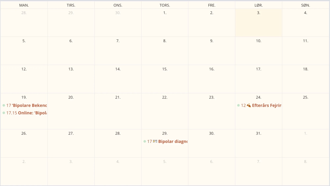 Kalender over kommende arrangementer i fællesskabet